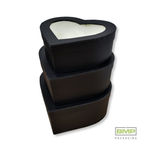 Díszdoboz szív alakú fekete (átlátszó tetővel) 3 db / csomag, növekvő méretekben